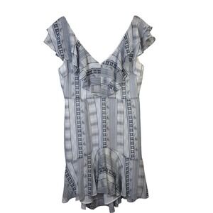 WAYF Womens XL Mini Dress V Neck Ruffle Sleeveless White Blue Print‎ Sheath